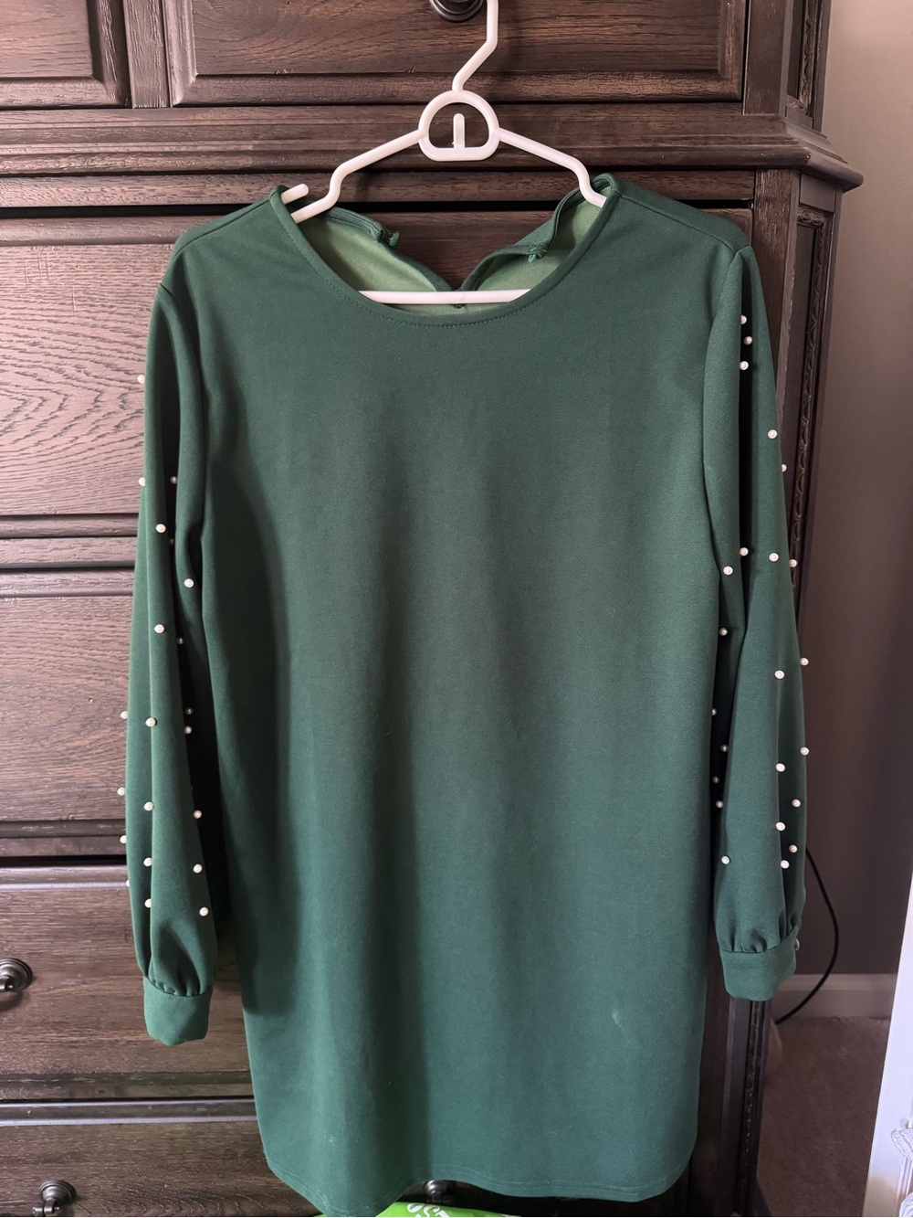 SHEIN Dark Green Long Sleeve Shift Dress with Pearl Sleeves